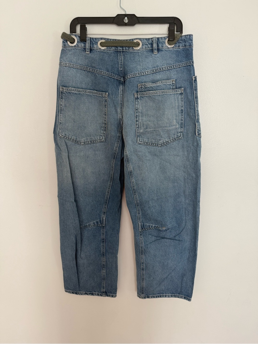 Free People Jeans Moxie Barrel Leg Distressed Green Belted in Truest Blue - Picture 8 of 10